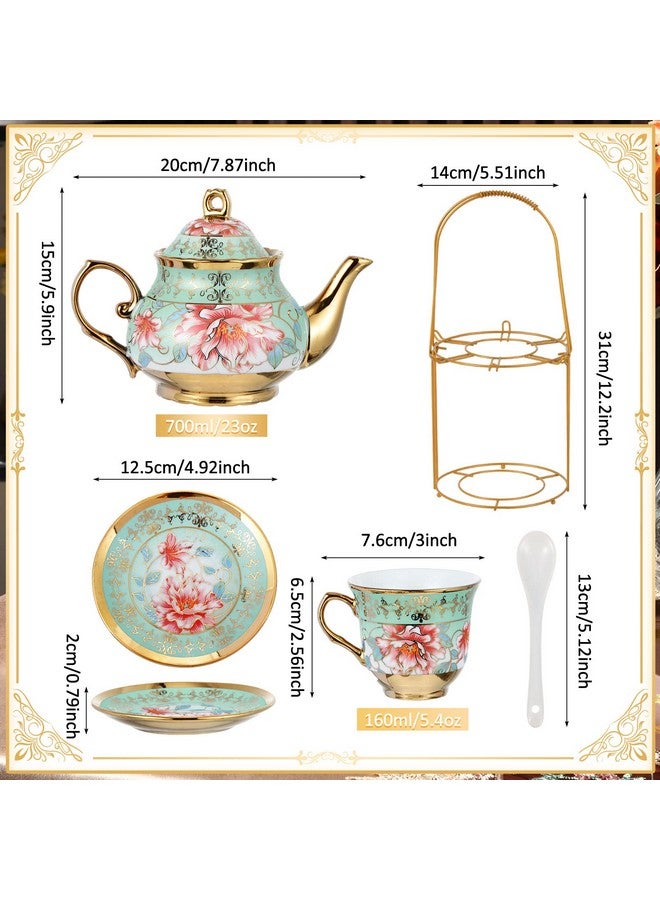 Zhehao 20 Pcs Porcelain Tea Set with Metal Holder and Spoon Adult Ceramic Tea Party Set European Flower Painting Teapot Cup Saucer Spoon Set for Women, Large Version(Fresh Style) - Image 2