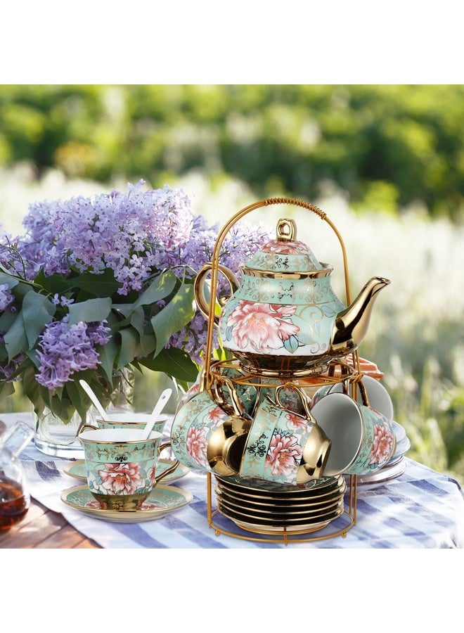 Zhehao 20 Pcs Porcelain Tea Set with Metal Holder and Spoon Adult Ceramic Tea Party Set European Flower Painting Teapot Cup Saucer Spoon Set for Women, Large Version(Fresh Style) - Image 4