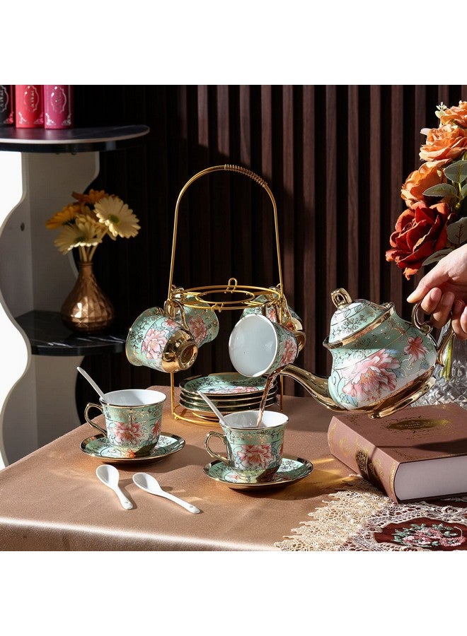 Zhehao 20 Pcs Porcelain Tea Set with Metal Holder and Spoon Adult Ceramic Tea Party Set European Flower Painting Teapot Cup Saucer Spoon Set for Women, Large Version(Fresh Style) - Image 3