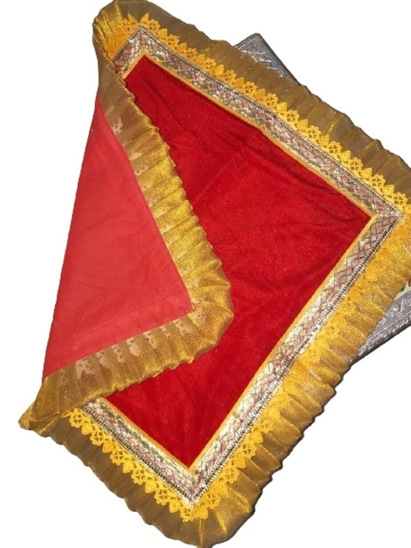 Mandir Temple Aasan or Chowki Aaasan is Made on Soft Velvet Cloth with Frill Golden Border Manufactured in mathura Sold by Garvita Puja Samagri One Aasan Size 15 X 15 - Image 2