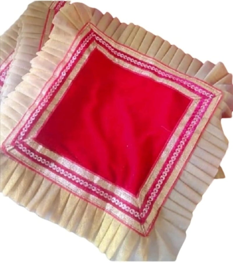 Mandir Temple Aasan or Chowki Aaasan is Made on Soft Velvet Cloth with Frill Golden Border Manufactured in mathura Sold by Garvita Puja Samagri One Aasan Size 15 X 15 - Image 5