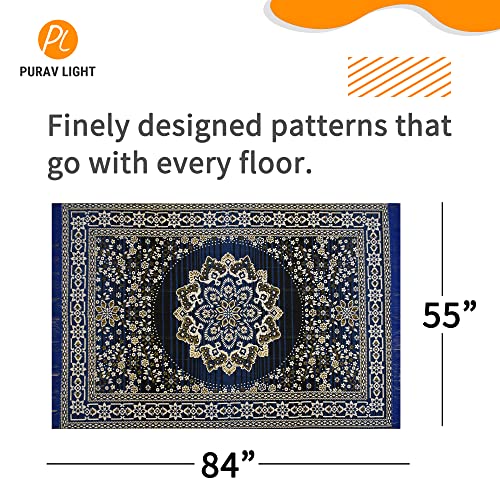 Purav Light Traditional Design Cotton Carpet for Living Room| Elegant Floral Design Carpets| Carpet for Home Decoration,Living Room| 5x7 Feet Kaleen Mat| Washable| Colour-Blue Pack of 1 - Image 2
