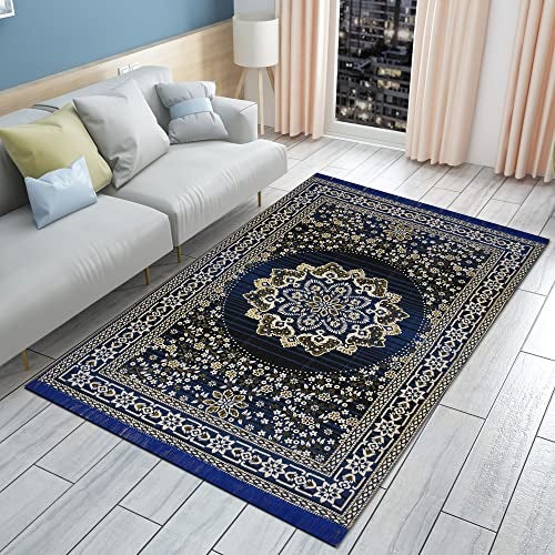 Purav Light Traditional Design Cotton Carpet for Living Room| Elegant Floral Design Carpets| Carpet for Home Decoration,Living Room| 5x7 Feet Kaleen Mat| Washable| Colour-Blue Pack of 1 - Image 1
