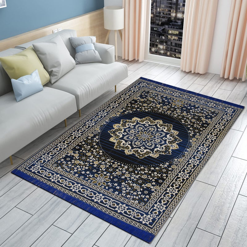 Purav Light Traditional Design Cotton Carpet for Living Room| Elegant Floral Design Carpets| Carpet for Home Decoration,Living Room| 5x7 Feet Kaleen Mat| Washable| Colour-Blue Pack of 1 - Image 5