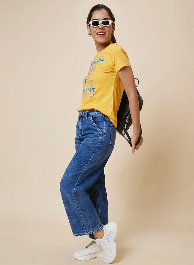 globus Slogan Print Round Neck Cotton T-Shirt