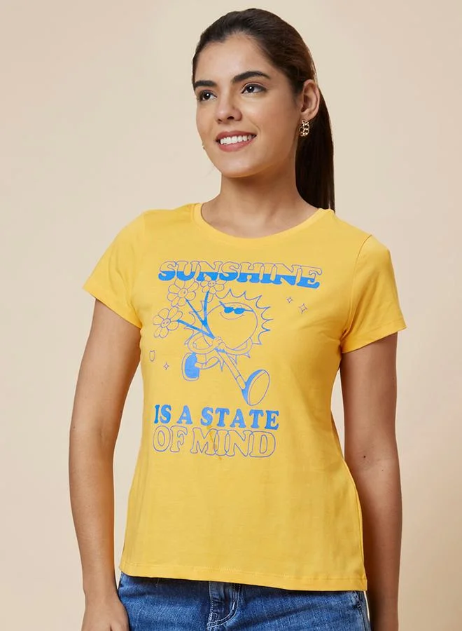 globus Slogan Print Round Neck Cotton T-Shirt