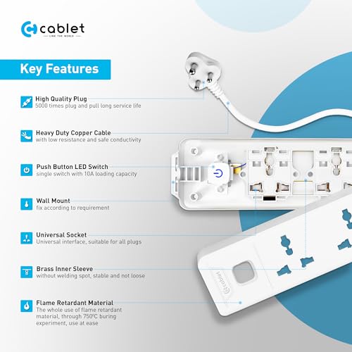Cablet Extension Board 1.8 Meter Cable, 2500W 10A, 3 Universal Multi Plug Socket, Master Switch, 1.8 Mtr Heavy Duty Cord, LED Indicator, Power Strip for Home Office - Image 4