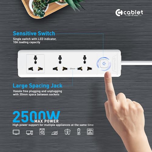 Cablet Extension Board 1.8 Meter Cable, 2500W 10A, 3 Universal Multi Plug Socket, Master Switch, 1.8 Mtr Heavy Duty Cord, LED Indicator, Power Strip for Home Office - Image 2