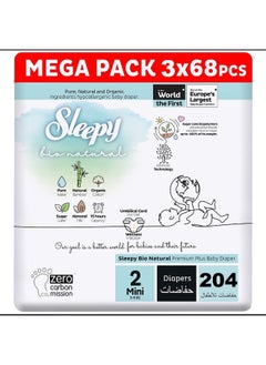 Sleepy Pack Of 204 Bio Natural Premium Size 2 Diapers, Baby Dry Taped Diapers, 3-6Kg, Hypoallergenic, 3X68 Water Based, Almond Milk, Vegan, 100% Leakproof, 3 X 68 Pieces  - Image 1
