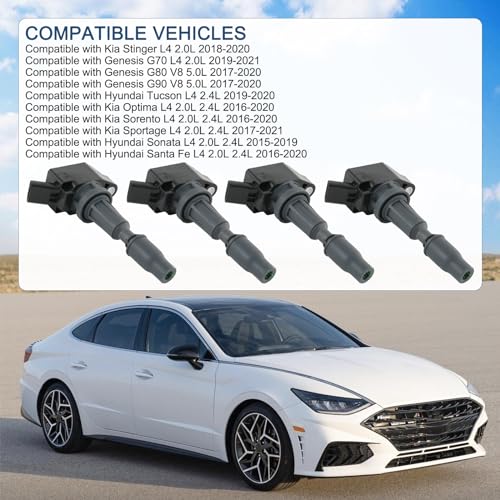 DICMIC Set of 4 Ignition Coil Pack Compatible with Hyundai Sonata Santa Fe Tucson Kia Optima Sorento Sportage Stinger Genesis G70 L4 20L Replace UF764 273002GGA0 GN10730 C988 E1264 IC871 - Image 3