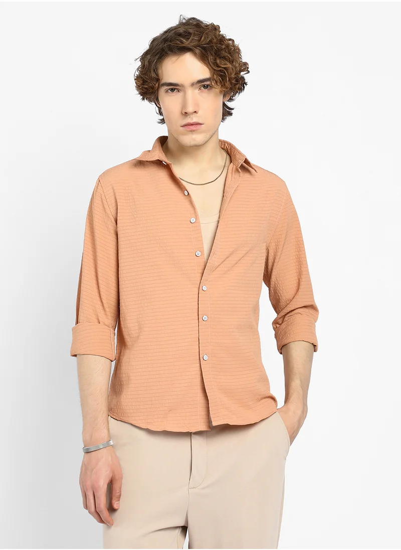 Campus Sutra Men's Cantaloupe Orange Ruche-Textured Shirt