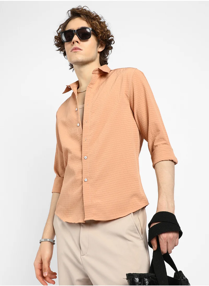Campus Sutra Men's Cantaloupe Orange Ruche-Textured Shirt