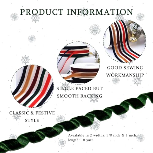 Sfoni Dark Green Velvet Ribbon for Gift Wrapping, Trimming Ribbon for Christmas DIY Craft Wedding Floral Holiday Valentine's Day Decoration Choker Hair Bow Hat Wreath Making, 1" x 10 Yards - Image 2