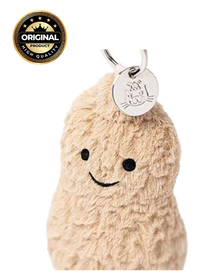 Amuseables Peanut Bag Charm – Cute Plush Peanut Keychain with Smiley Face & Metal Clasp – Soft 18cm Bag Accessory for Backpacks, Keys & Gifts