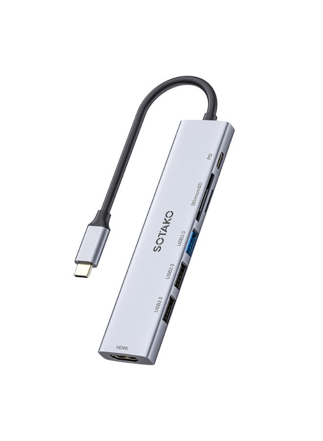 سوتاكو محول SOTAKO متعدد المنافذ 7 في 1 USB-C – منفذ HDMI بدقة 4K، منفذ USB 3.2 Gen2 Type-C توصيل طاقة 100 واط، منفذ USB 3.0 ومنفذ USB 2.0، قارئ بطاقة SD/MicroSD – محطة إرساء مدمجة من الألومنيوم - Image 1