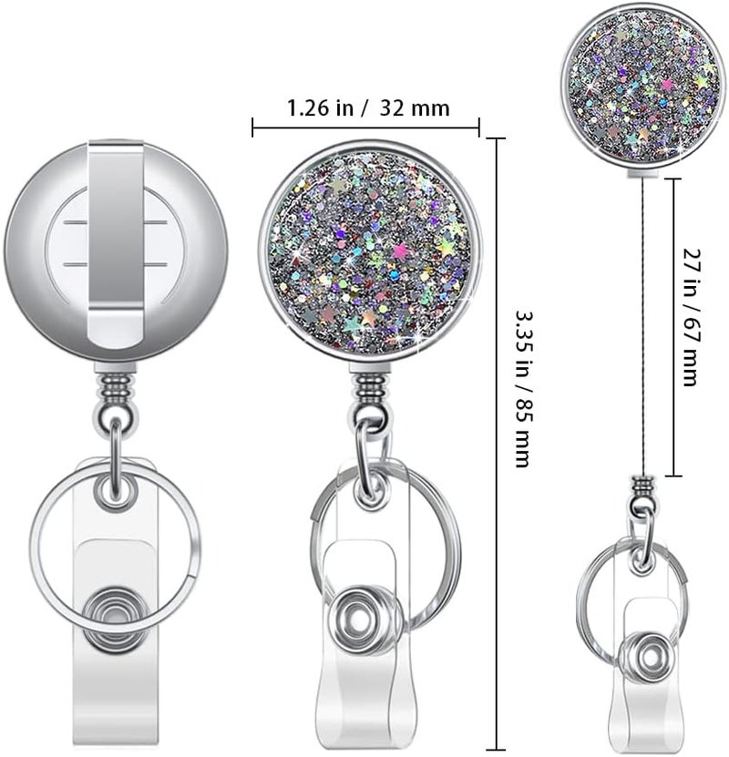 Boutilon Retractable Badge Holder, Retractable Badge Reels,Lightweight Plastic Badge Reel Card Holder with Key Ring Backing Belt Clip for Nurse,Volunteer,Teacher,Student(Pretty Sliver Stars) - Image 2