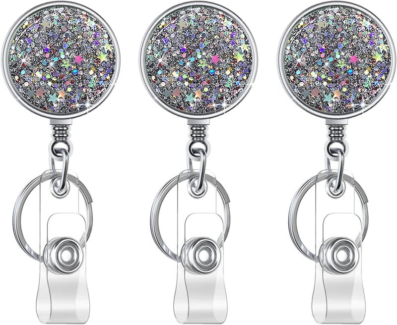 Boutilon Retractable Badge Holder, Retractable Badge Reels,Lightweight Plastic Badge Reel Card Holder with Key Ring Backing Belt Clip for Nurse,Volunteer,Teacher,Student(Pretty Sliver Stars) - Image 1