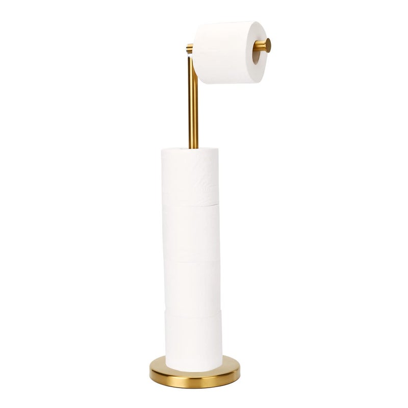 WAYDELI Toilet Paper Holder Gold Freestanding Toilet Paper Holder Stand with Reserve for 4 Spare Rolls Sturdy Base Toilet Tissue Paper Roll Storage Shelf Stainless Steel Base Gold 