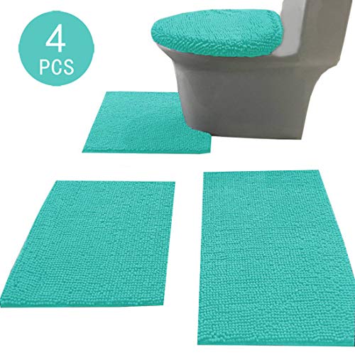 Madeals Chenille Bath Rug Set with Toilet Lid Cover and U-Shaped Toilet Floor Rug Turquoise - Image 2