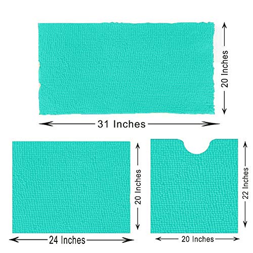 Madeals Chenille Bath Rug Set with Toilet Lid Cover and U-Shaped Toilet Floor Rug Turquoise - Image 3