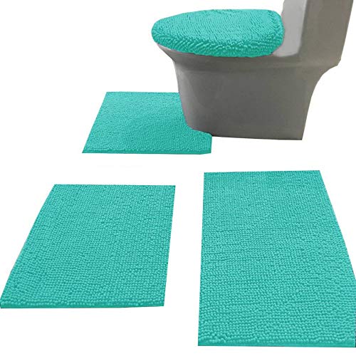 Madeals Chenille Bath Rug Set with Toilet Lid Cover and U-Shaped Toilet Floor Rug Turquoise - Image 5