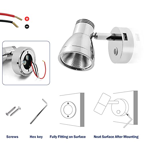 THALASSA 3W RV Wall Reading Lamp USB Port, Chrome Finish Low Voltage 0.25A, 10V-30V LED Flexible Surface Mounted Caravan Boat RV Warm White Light Great for Interior Environment - Image 2