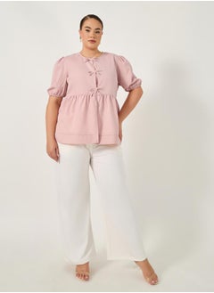 Styli Plus Size Puff Sleeve Ribbon Tie-Up Top  - Image 2