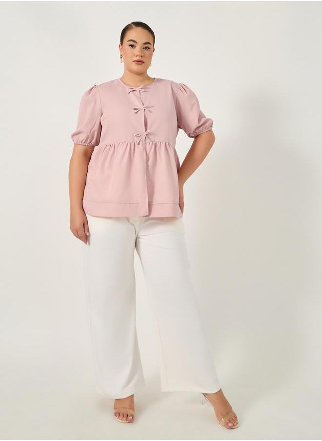 Styli - Plus Size Puff Sleeve Ribbon Tie-Up Top - Image 1