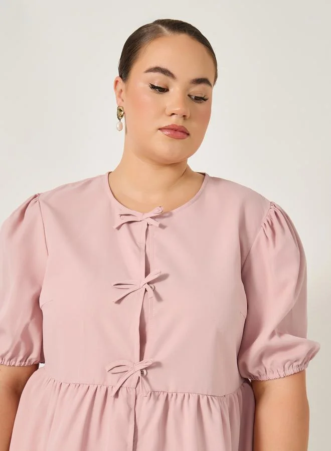 Styli Plus Size Puff Sleeve Ribbon Tie-Up Top