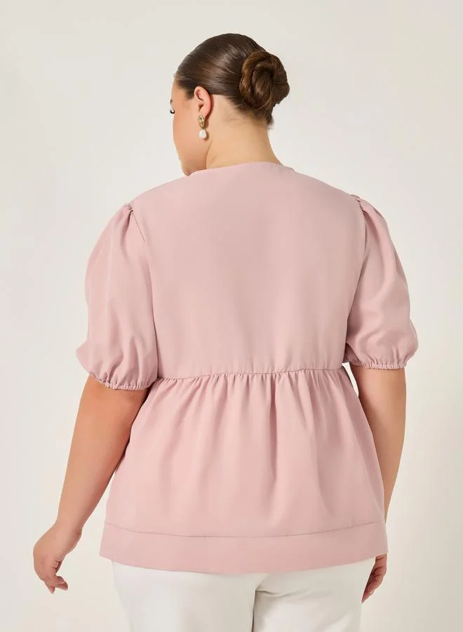 Styli Plus Size Puff Sleeve Ribbon Tie-Up Top