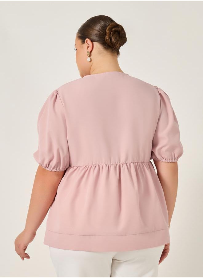 Styli - Plus Size Puff Sleeve Ribbon Tie-Up Top - Image 1