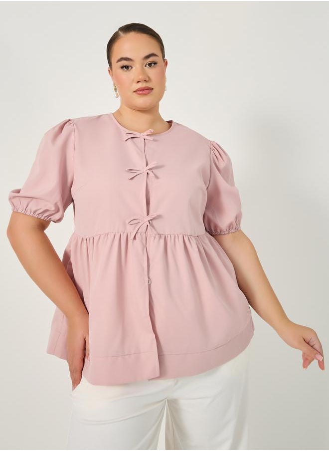Styli - Plus Size Puff Sleeve Ribbon Tie-Up Top - Image 1