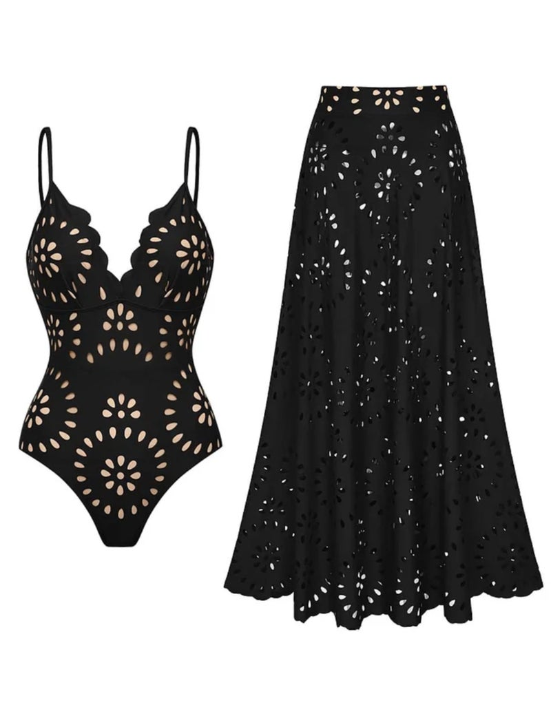 FLAXMAKER Women's One Piece Bathing Suit Petal Hollow V Neck Swimsuit and Skirt (Black Swimsuit and Skirt, L) - Image 1