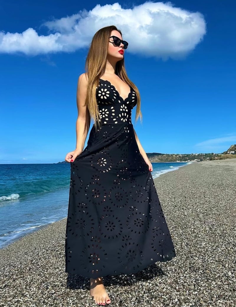 FLAXMAKER Women's One Piece Bathing Suit Petal Hollow V Neck Swimsuit and Skirt (Black Swimsuit and Skirt, L) - Image 3