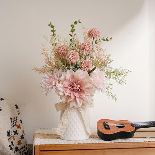 LUEUR Artificial Flowers with Ceramic Vase Centerpieces – Spring Silk Pink Flower Arrangement for Coffee Table Decor, Faux Flower Bouquet for Home Indoor Decoration, Bathroom, Dining Room, Kitchen - Image 4