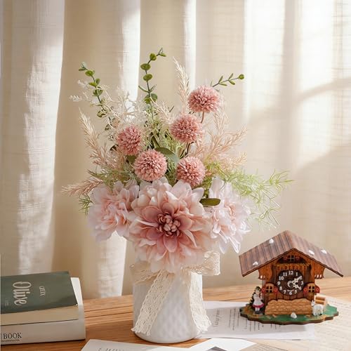 LUEUR Artificial Flowers with Ceramic Vase Centerpieces – Spring Silk Pink Flower Arrangement for Coffee Table Decor, Faux Flower Bouquet for Home Indoor Decoration, Bathroom, Dining Room, Kitchen - Image 5