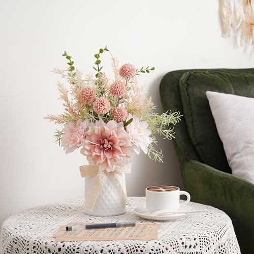 LUEUR Artificial Flowers with Ceramic Vase Centerpieces – Spring Silk Pink Flower Arrangement for Coffee Table Decor, Faux Flower Bouquet for Home Indoor Decoration, Bathroom, Dining Room, Kitchen - Image 3