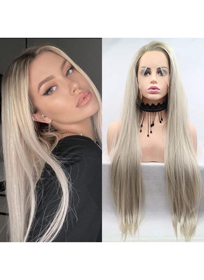 Xiweiya xiweiya Ombre Blonde Wigs with Light Brown Roots Glueless Side Part Long Straight Synthetic Blonde Lace Front Wig Heat Resistant Fiber Half Hand Tied for Daily Party Use 26inch 