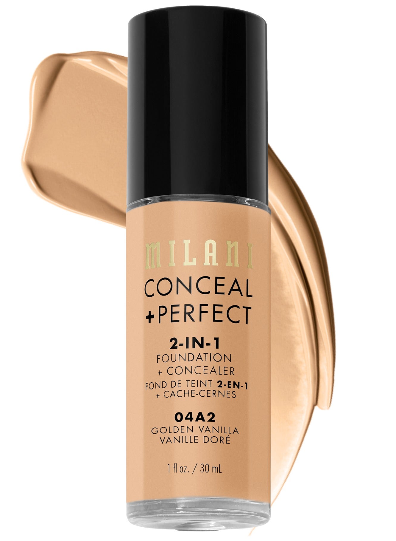 Milani Cosmetics Conceal + Perfect 2-In-1 Foundation + Concealer 04A2 Golden Vanilla 30ml – Full Coverage, Lightweight, Long-Lasting, Water-Resistant, Oil-Free, Vegan & Cruelty-Free