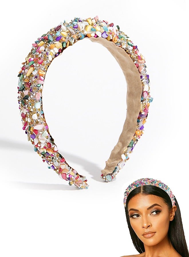Rhinestone Crystal Diamond Headband for Women, Handmade Velvet Wide Hairband, Wide Hair Hoops Beaded Bling HairBand Hair Accessories (Colorful) - Image 1