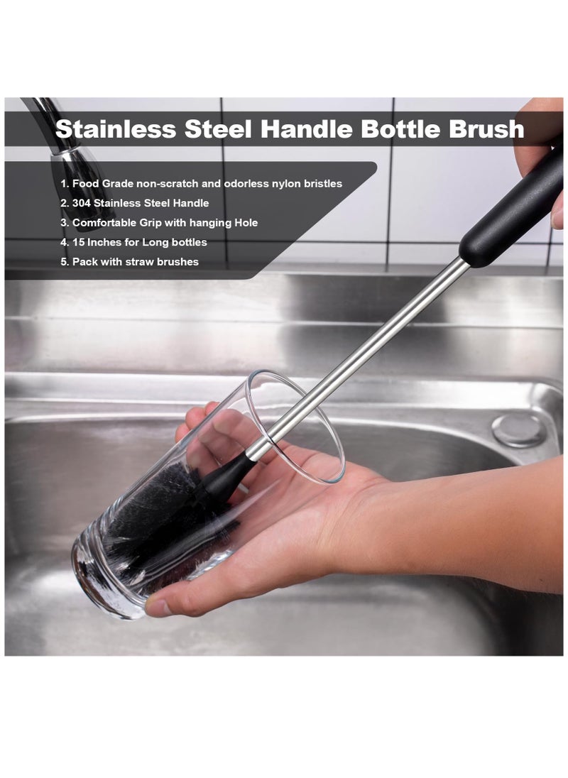Excefore - 2 Pack Stainless Steel Water Bottle Brush & Straw Cleaner Set, Long Handle Baby Bottle Scrub Cleaning Brush for Sports Bottles, Cups, Dishes, Coffee Mugs, Glasswares, Tumblers, Wine Decanters - Image 1