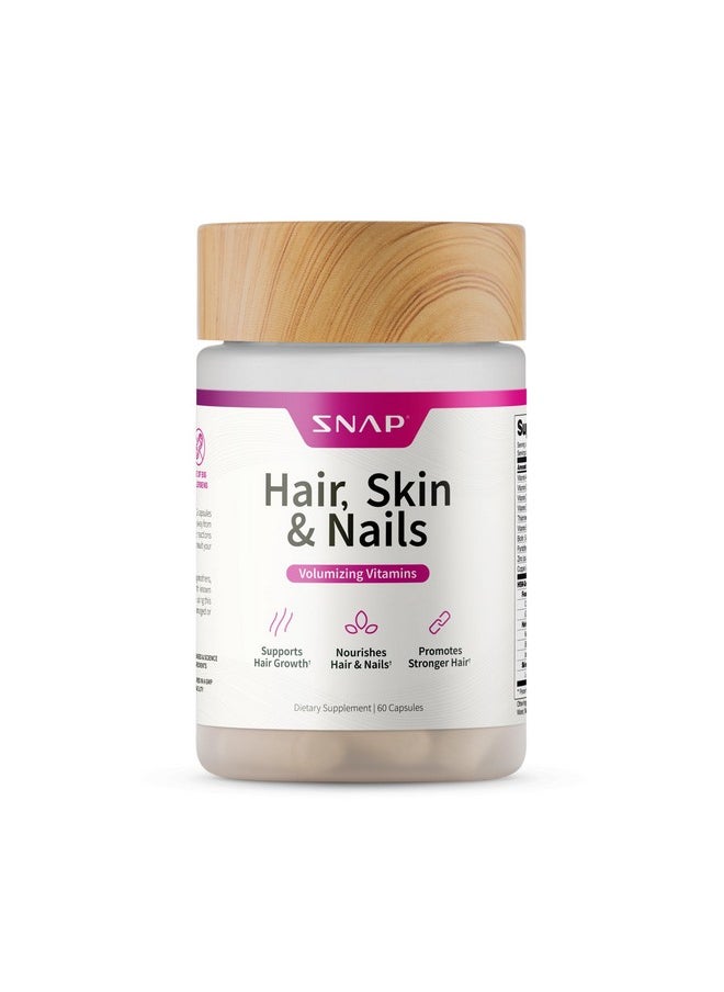SNAP SUPPLEMENTS Snap Supplements Hair, Skin and Nails Vitamins, Support Hair Growth, Nourish Skin and Nails with Biotin, Collagen, Kelp, Bamboo and Other Vitamins, Radiant Skin, Strong Hair and Nails, 60 Capsules  - Image 1
