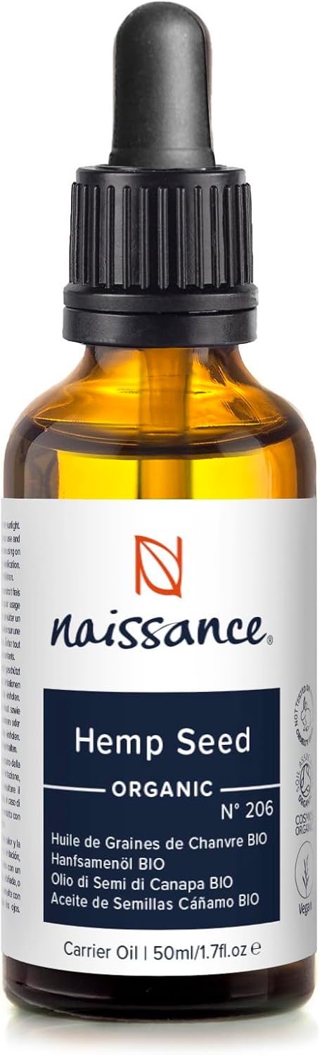 Naissance Organic Virgin Hemp Seed Oil No 206 50ml Pure Cold Pressed Natural Moisturiser for Skin Face Beard Nails Hair Body Scalp