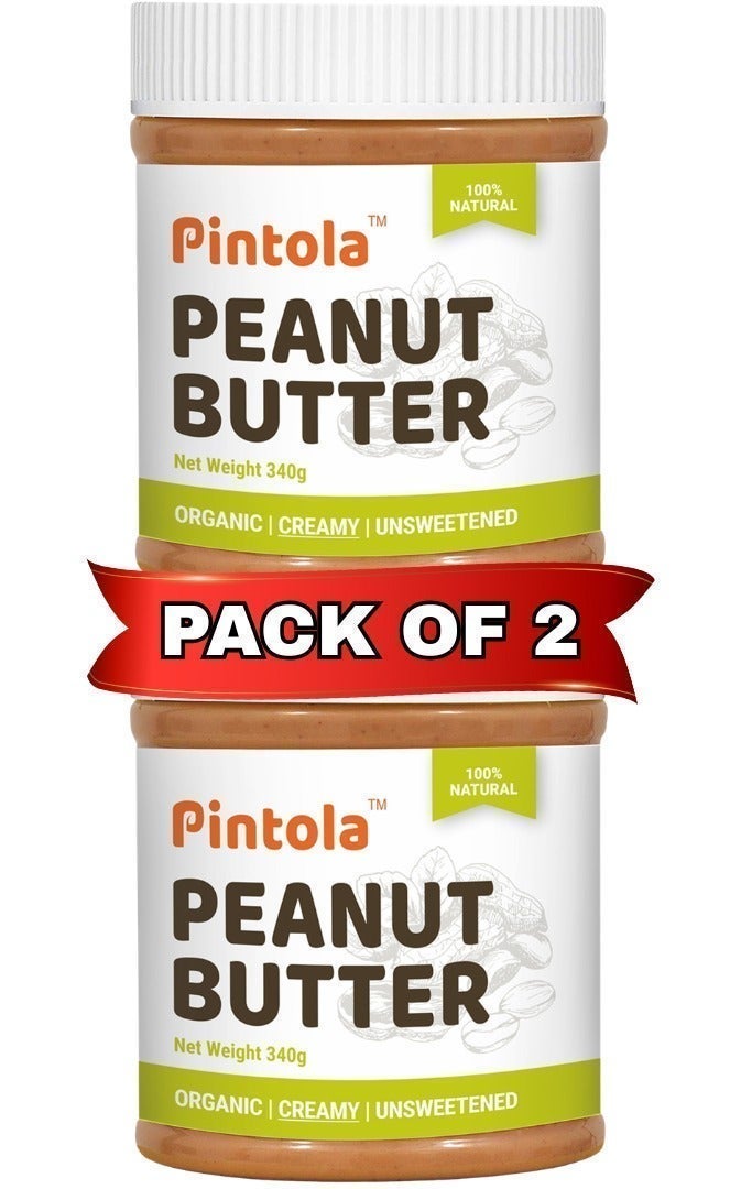 Pintola Organic Unsweetened Creamy Peanut Butter 340g (pack of 2), made with organic Peanuts, no added sugar, vegan, natural oil on top, mix well, achieve the creaminess. - Image 1