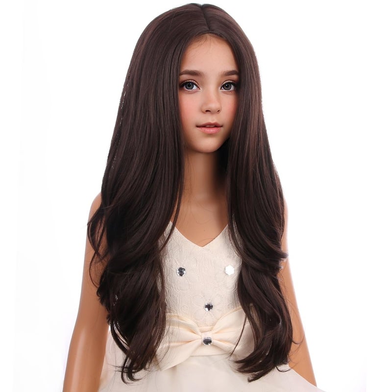 Long Curly Wavy Brown Wig for Kids Child Mixed Brown Wig Girls Middle Part Dark Brown Synthetic Wig with Wig Cap