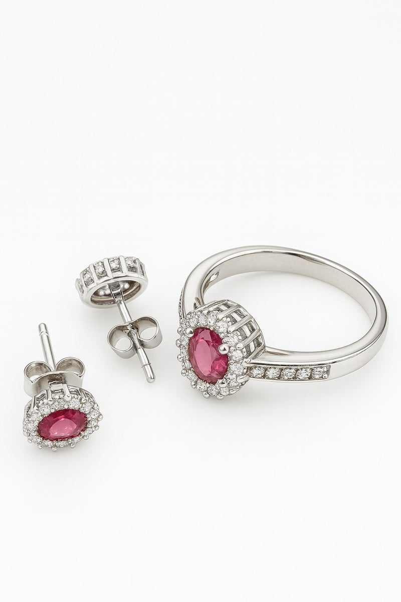 Ready For Chai 925 Sterling Silver Oval Ruby CZ Halo Jewelry Set | Pendant, Earrings & Ring - Image 2