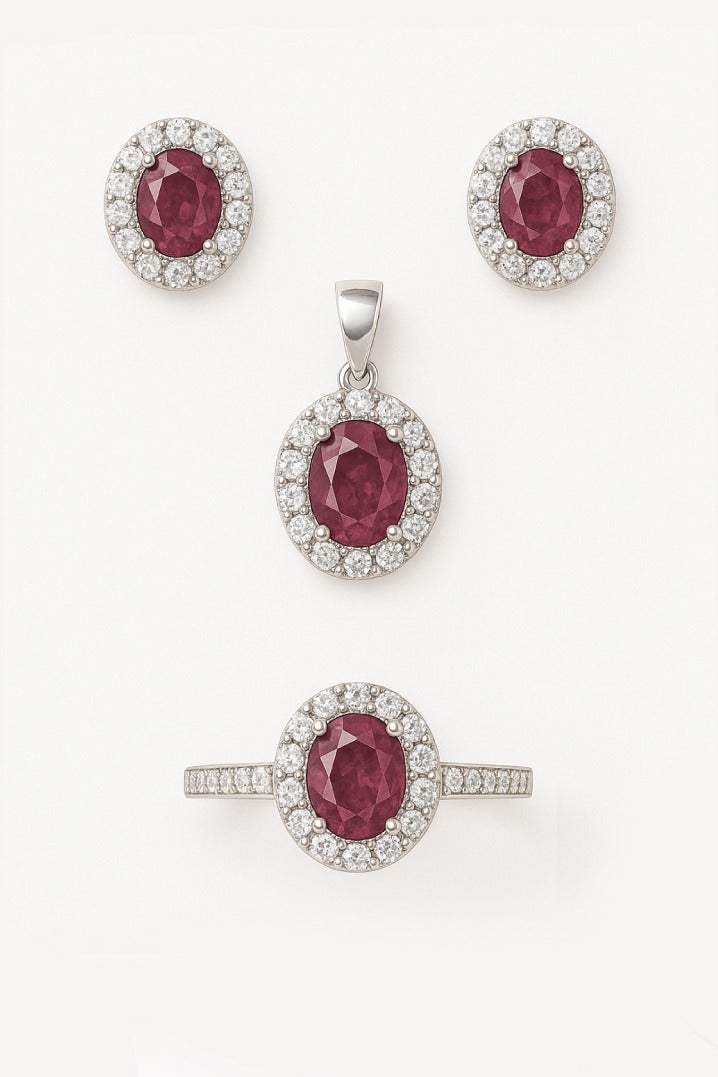 Ready For Chai 925 Sterling Silver Oval Ruby CZ Halo Jewelry Set | Pendant, Earrings & Ring - Image 3