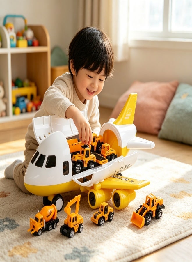 Wish Large Storage Cargo Airplane Toy for Kids, Engineering Construction Theme Transport Plane Playset with 6 Diecast Alloy Mini Construction Vehicles, Friction Powered Drop Resistant Educational Toy Gift for Kids 3+ - Image 3