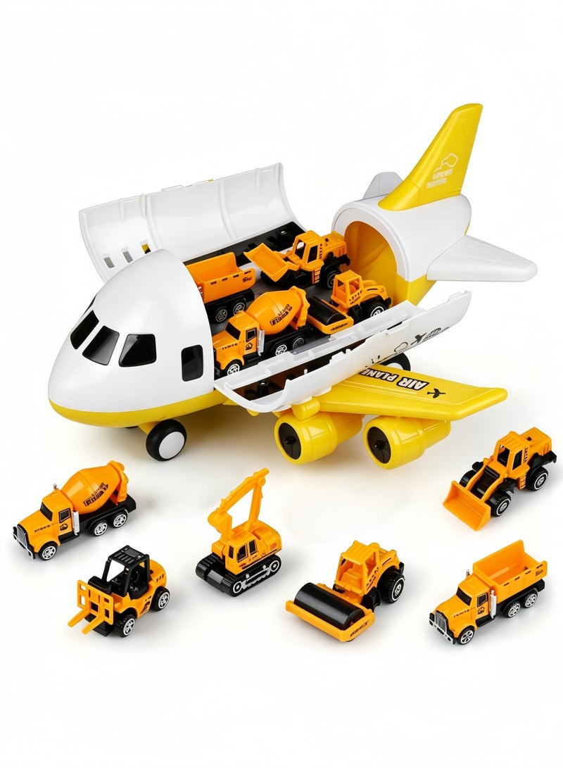 Wish Large Storage Cargo Airplane Toy for Kids, Engineering Construction Theme Transport Plane Playset with 6 Diecast Alloy Mini Construction Vehicles, Friction Powered Drop Resistant Educational Toy Gift for Kids 3+ - Image 1