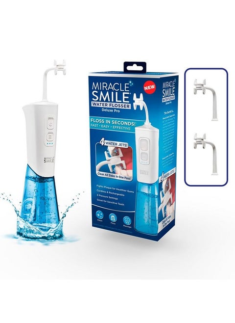Miracle Smile Water Flosser For Teeth&Gum Health, Unique H-Shaped Flossing Head&4 Water Jets, Cordless Water Flosser Features 360° Cleaning&3 Pressure Modes, Usb Rechargeable Dental Floss, White